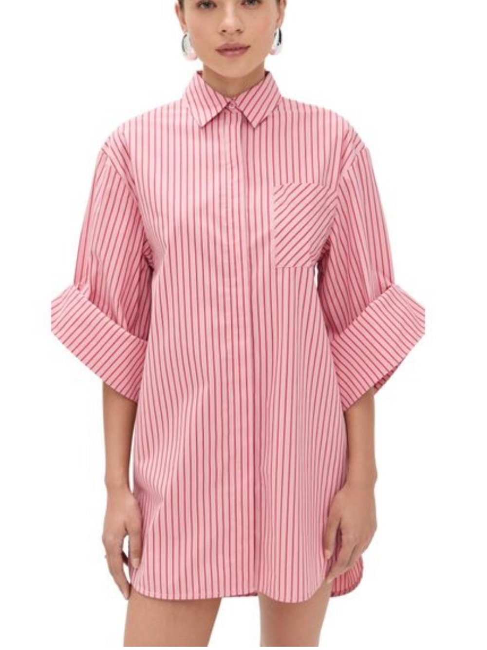 STAUD Pink and Red Striped Relaxed Shirt Dress